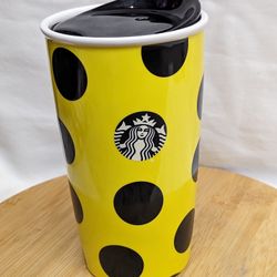 Starbucks 2015 Citron Yellow Polka Dot Ceramic Tumbler Travel Coffee Mug 12oz
