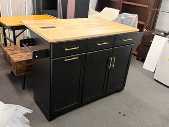 New Wooden Farmhouse Kitchen Island w/ Drop Leaf Countertop & Wheels Portable Rolling Island Trash Can