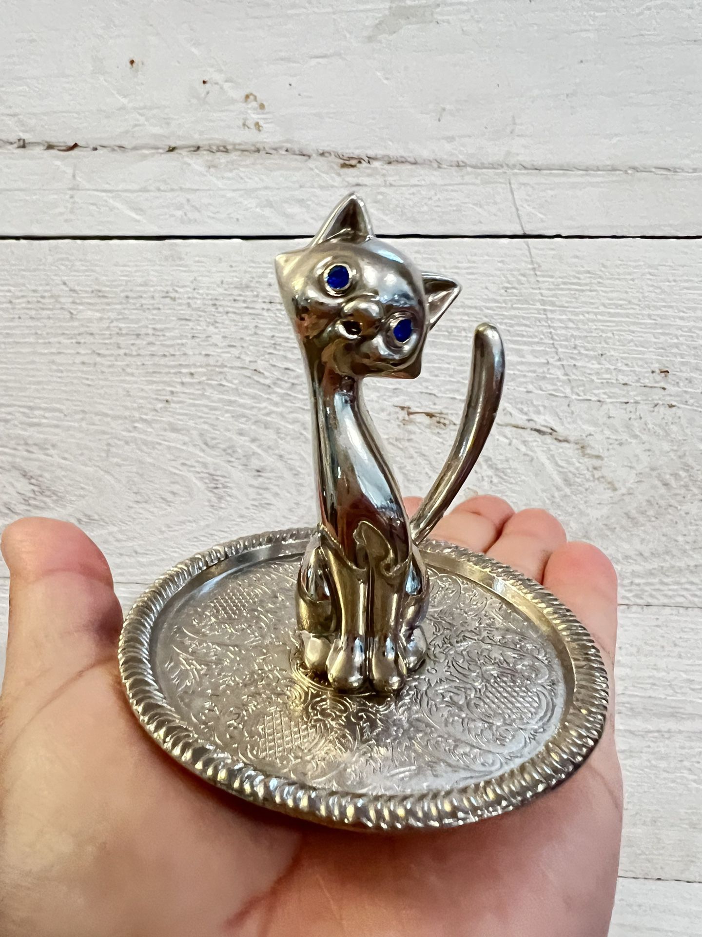 Antique Cat Silver-Plated Vintage Ring Holder Jewelry Display RARE
