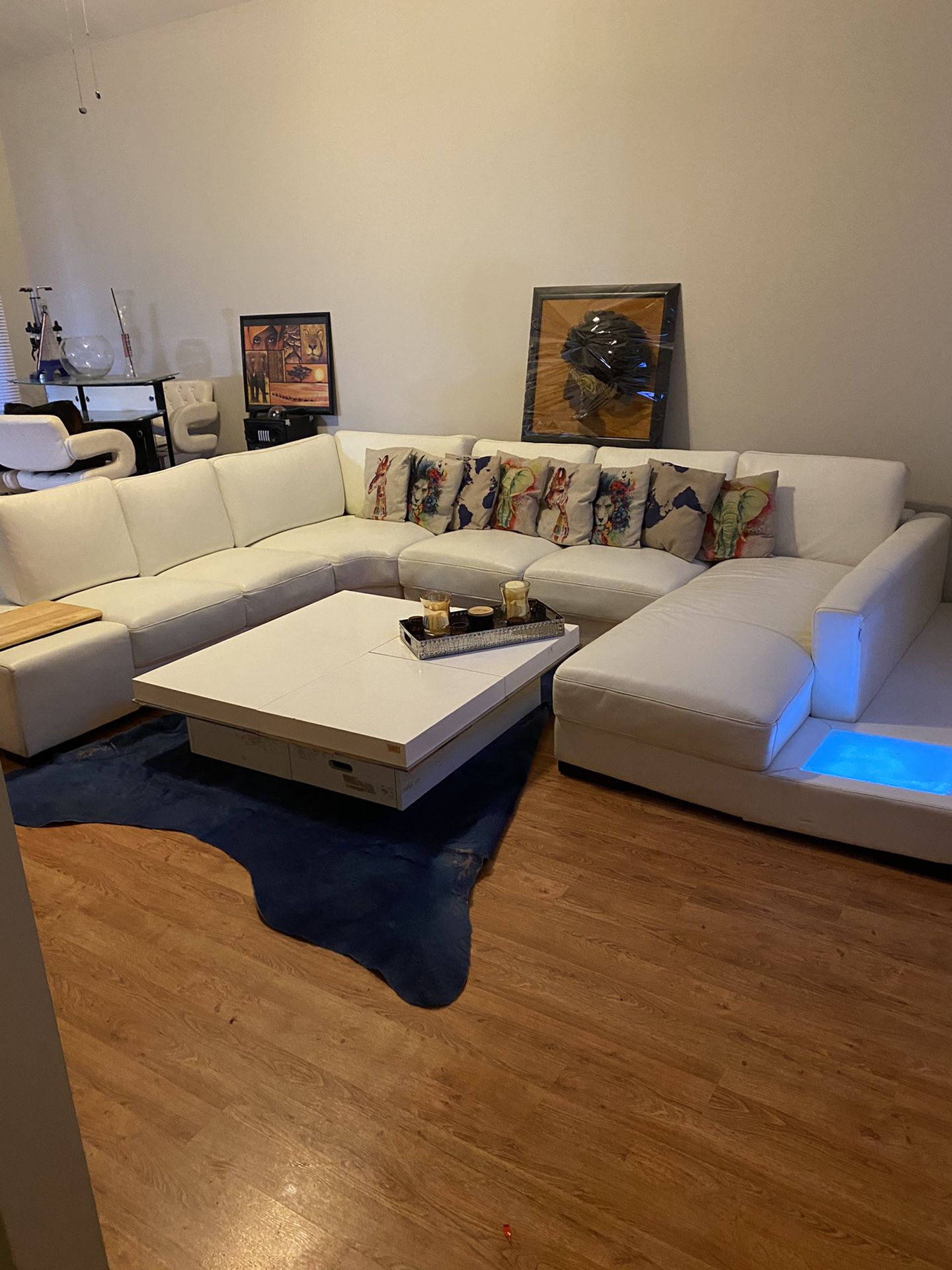 Sectional W/Built In Led Side Table 4 Pieces White With 4 Part Moving Coffee Table