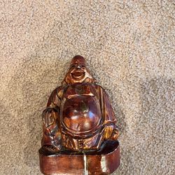 One Piece Wooden Carved Happy Buddha with Seat Stand