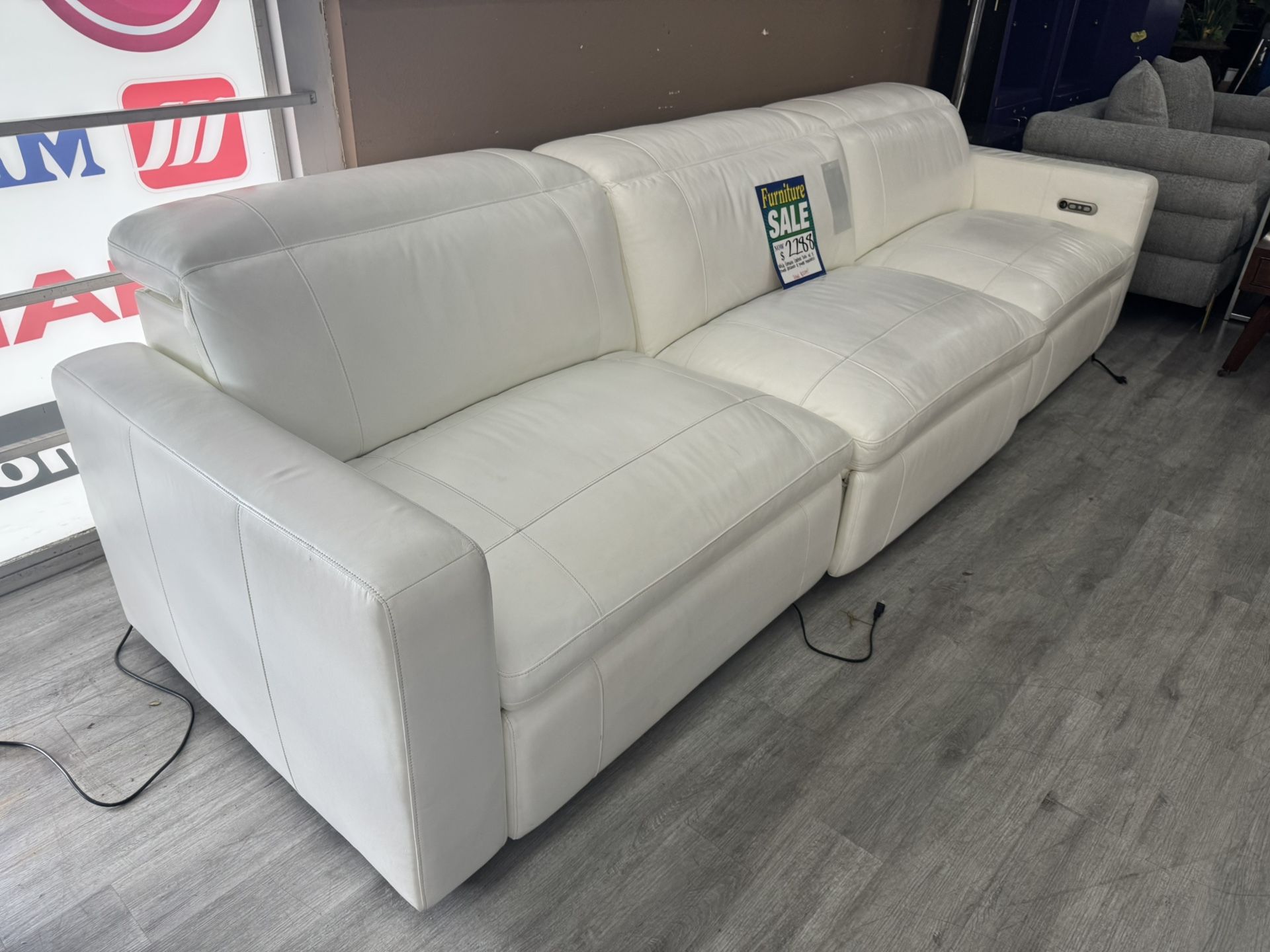 White Genuine Leather Sofa With 3 Power Recliners