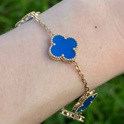 18k yellow gold Van cleef Alhambra style Blue Agate 5 motifs clover shape stone bracelet