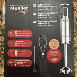 MuellerLiving Ultra-Stick Immersion Hand Blender, 500W Heavy Duty Motor, 8-Speed Turbo Setting, Includes Blending Shaft, Whisk, Milk Frother & Measuri