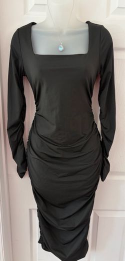 Womenās Black Ruched Bodycon Midi Dress Long Sleeve Square Neck Size M
