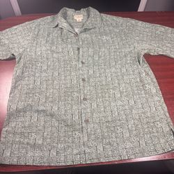 Vintage LL Bean Mens Hawaiian Shirt Geometric Tribal Print Green Cotton Size Med