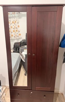 Wood Wardrobe Armoire with Mirror & Drawer
