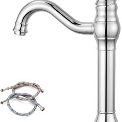 Vessel Sink Faucet 360° Swivel Spout Single Handle Tall Bathroom Faucet 1 Hole Farmhouse Lavatory Washbasin Mixer Tap Matching Supply Hoses, with Pop 