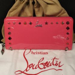 NEW Christian Louboutin women's pink panettone studs wallet Women Gift Party Holidays Wedding Christmas 