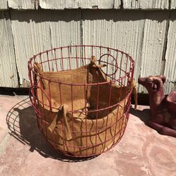 Brick Red Metal Wire Basket Burlap Sack Farmhouse Barnyard Red Feed Sack Plant Holder Blanket Hoop Checkered Circular 