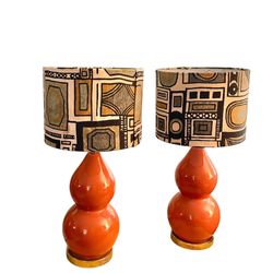 Pair of Orange Double Gourd Lamp Pair with Mid Century Fabric Drum Shades