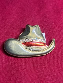 Vintage Cowgirl Green Hat Brooch Pin Bezel Clear Rhinestone Glitter