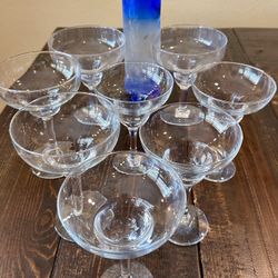 6 Glass Margarita Glasses & Two additional Poolside Plastic Glasses- 7" tall (Bottle not included)