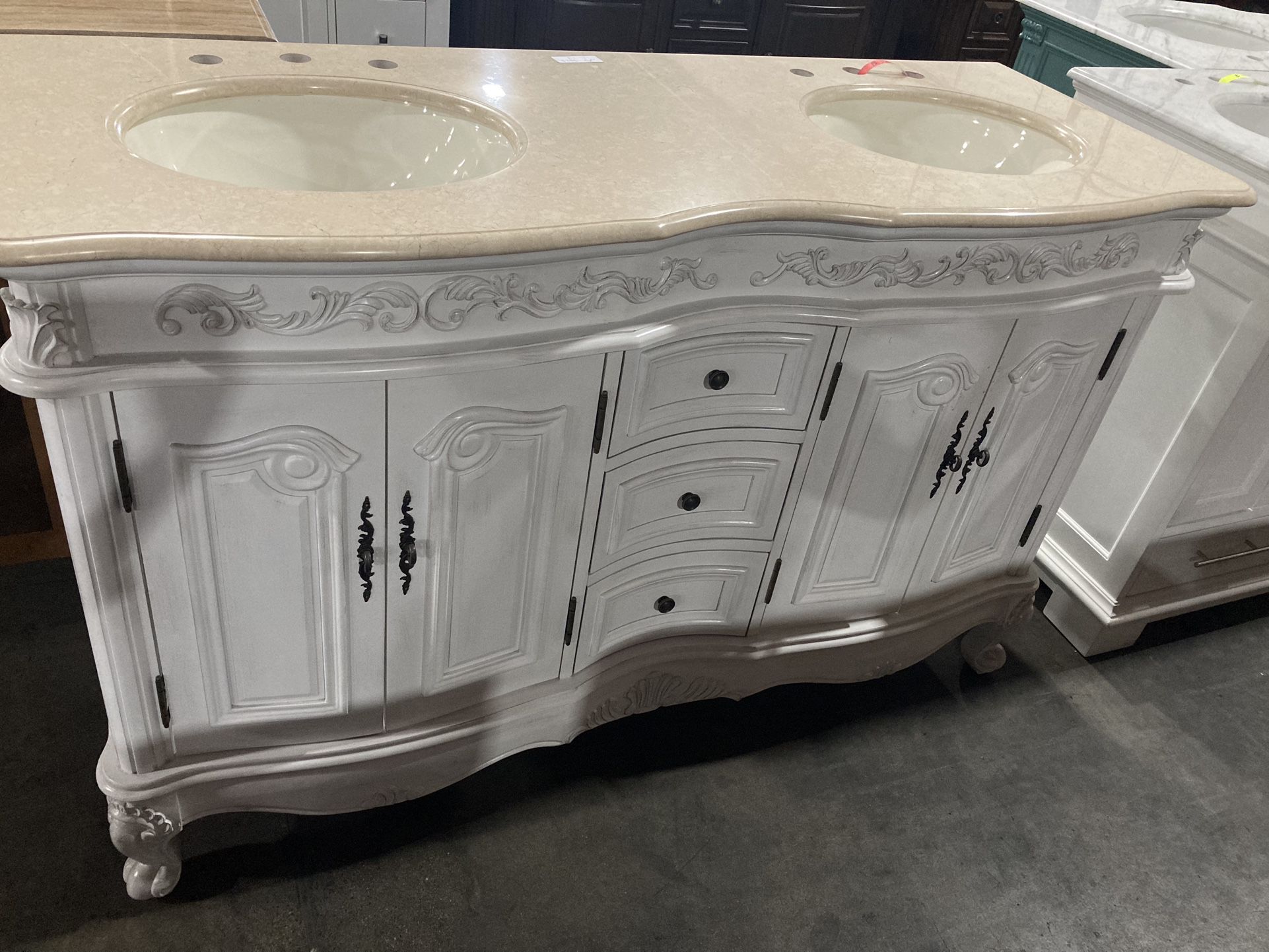 B3032- 58” Victorian White Bathroom Vanity Double Sink Cabinet Dual Bowls