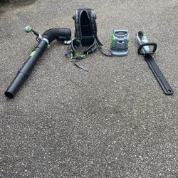 EGO Backpack Blower, Hedge Trimmer And Rapid Charger