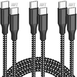 USB C Cable Fast Charging, 3 Pack 10FT USB C to USB C Cable, 60W Type C Nylon Braided Charger Cable for iPhone 16/15/iPad MacBook CarPlay and More-(Bl