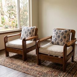 Pair of Solid Wood Armchairs with Cushions
