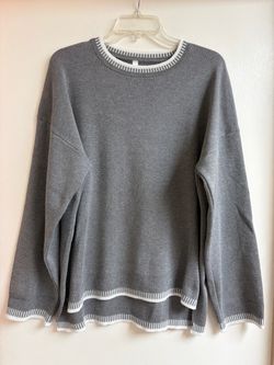 Grey Contrast Trim Knit Sweater High Low Split Hem Crewneck Drop Shoulder Bell L