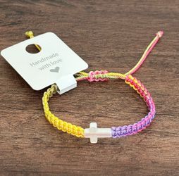 Handmade Rainbow Braided Cross Bracelet - White Charm (Adjustable 6.5" to 9")