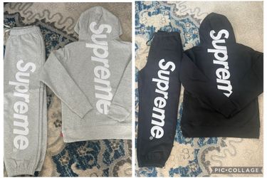 Grey and Black Supreme Satin Appliqué Hoodie and Sweatpants