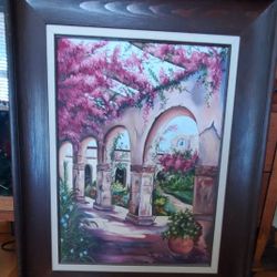 Original Oil On Canvas Brown Wood Frame Spanish Style Courtyard By Jackie