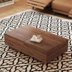 Modern Walnut Rectangular Coffee Table with Sliding Top and Hidden Storage, Elegant Living Room Furniture（GYKJGS)