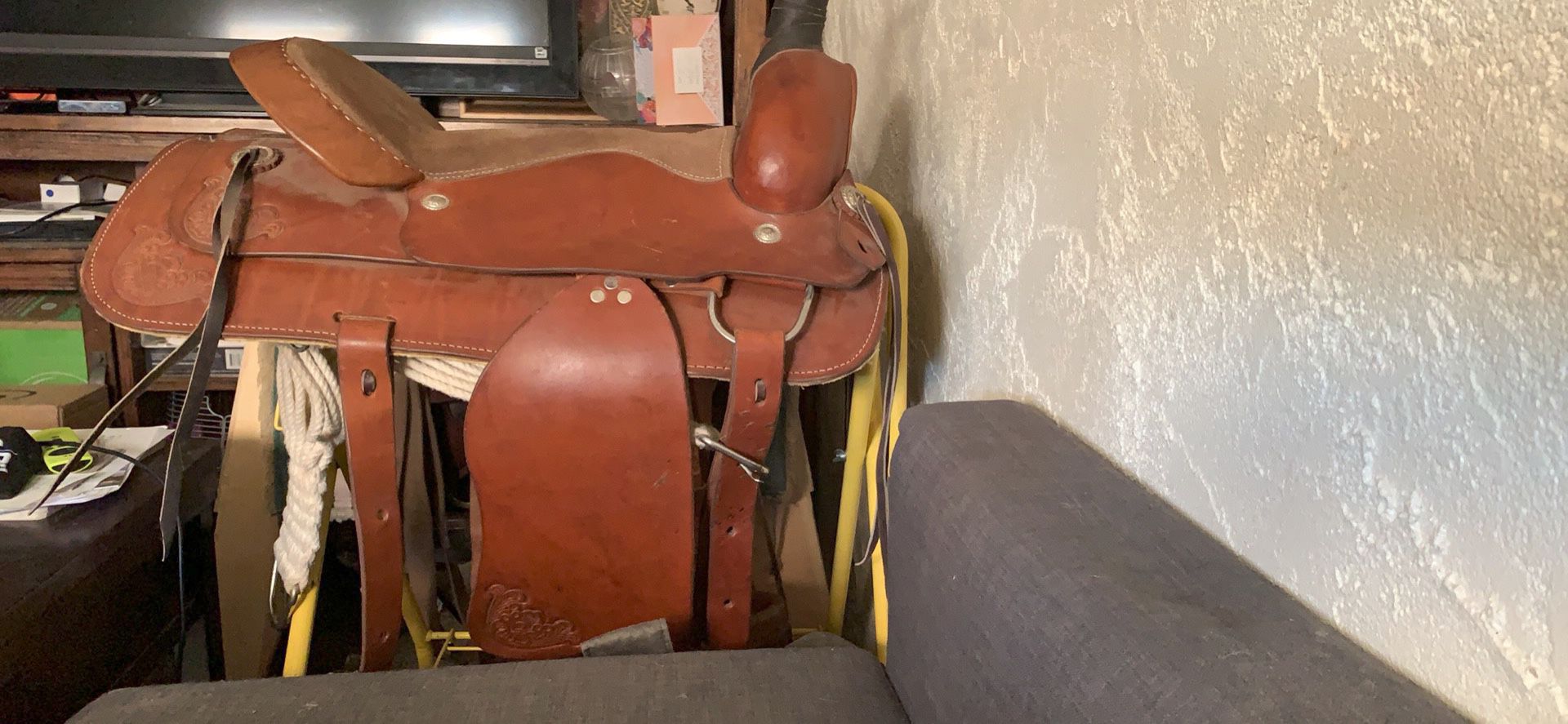 Leather and suede western saddle
