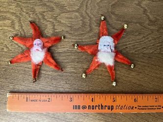 Vtg Pair Mid Century Clay Face Chenille Star Santa Christmas Ornaments