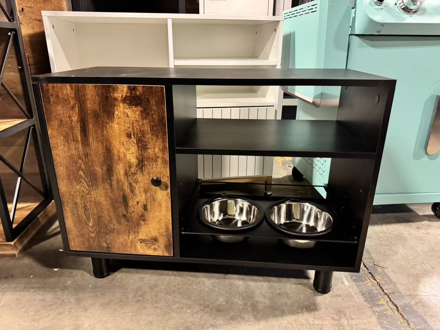 Large Pet Feeder Station, Dog Food Storage Cabinet with Stainless Steel Double Pull $70