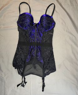 Victoria’s Secret Black and Purple Lace Corset Bustier with Garter Straps