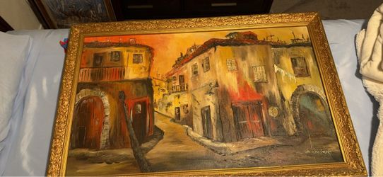 Framed Oil Painting European Street Scene
