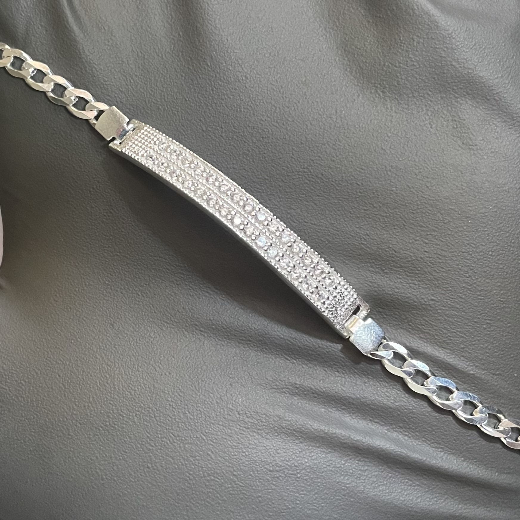 925 Sterling Silver Men’s ID Plate Bracelet – 8in Chain Link with CZ Accents
