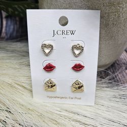 J.Crew gold Valentine's Day stud earrings heart ❤️ sparkle red lips 💋 gold envelope with hearts set-of-three Lengths: 3/8", 7/16", 1/5"; weights: .6 