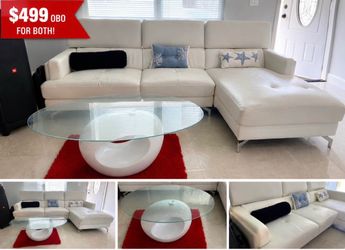 Set of White Leather Sectional Sofa & Coffee table