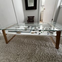 Modern Glass Top Coffee Table With Shelf Display/Wood Legs