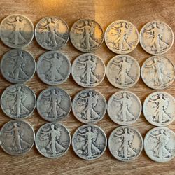 20 Walking Liberty Half Dollars  1917 to 1945        90% Silver 