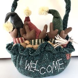 Soft Fabric Basket w 3 Peeking Reindeer Tap See More for All Info 
