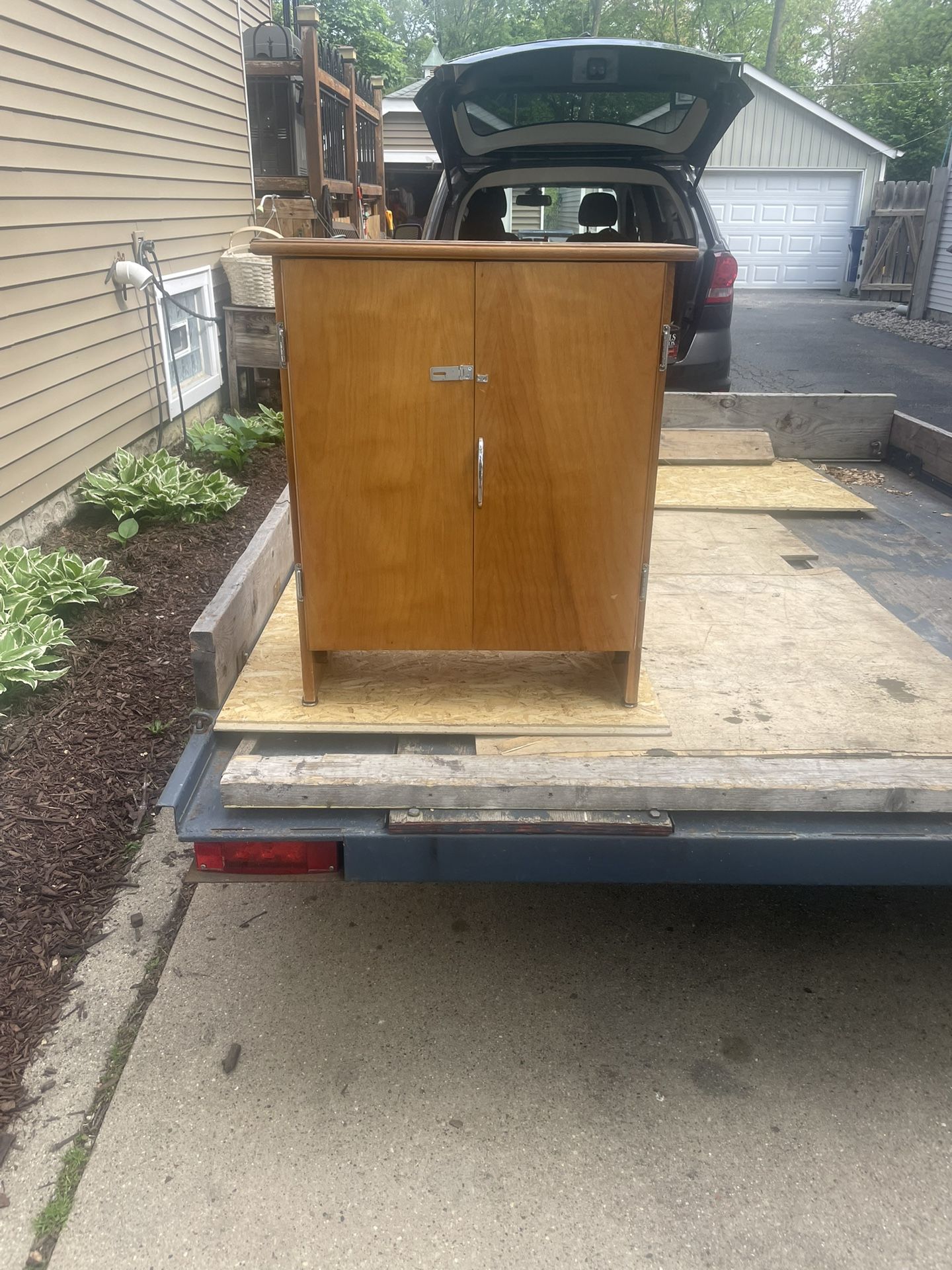 Vintage Wooden Side Cabinet, with 2 doors and shelf, 24 w, 13 deep, 28 high, solid wood, $15