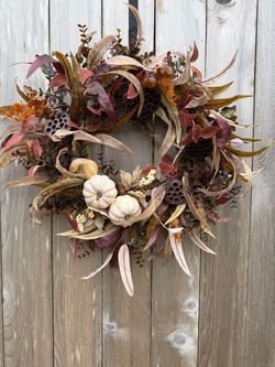 Fall Harvest Wreath with Pumpkins and Dried Lotus
