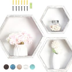 WONFUlity Hexagon Floating Shelves Honeycomb Wall Mounted 3PC, White