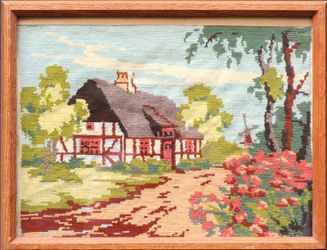 Thatched Roof Cottage framed vintage needlepoint tapestry urban landscape