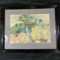 Original Signed Framed Contemporary Colorful Artwork By John Loree- Blue Green Yellow Forest Trees Valley Nature 