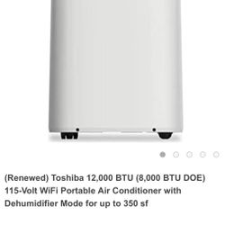 Toshiba 12,000 BTU (8,000 BTU DOE) 115-Volt WiFi Portable Air Conditioner with Dehumidifier Mode for up to 350 sf