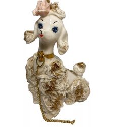 Vintage white French poodle Figurine  with gold accents chain collar pink MCM