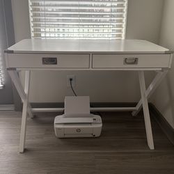 White 2 Drawer Desk with Silver Accents