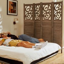 Room Divider Wood Carved Wall Divider Indoor Folding Portable Partition Screen for Home Office Garden Terrace - 4 Panel, 67 * 60inch (Dark Brown) (3)