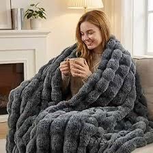 Joniyear beautiful cozy rib bamboo striped faux fur blanket light grey
