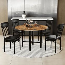 Lamerge Round Dining Table Set for 4,Wood Round Kitchen Table and Chairs Set for 4,Modern Dining Room Table Set with 4 Faux Leather Chairs,Round Dinne