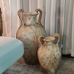 Large Vase with Identical Smaller Vase W/ Rattan Weave Accent