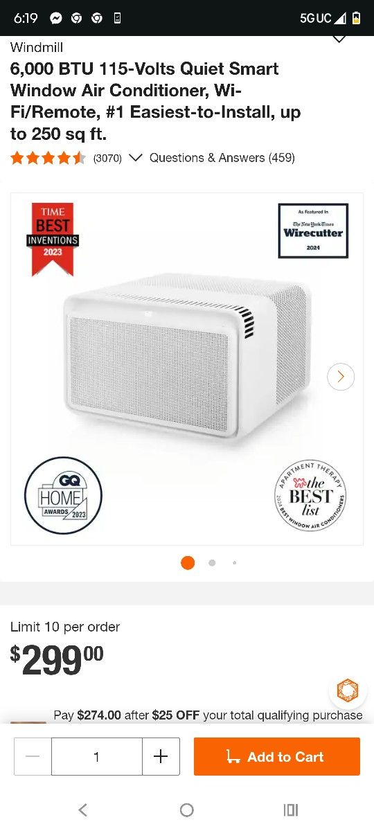 6,000 BTU 115-Volts Quiet Smart Window Air Conditioner, Wi-Fi/Remote, #1 Easiest-to-Install, up to 250 sq ft.